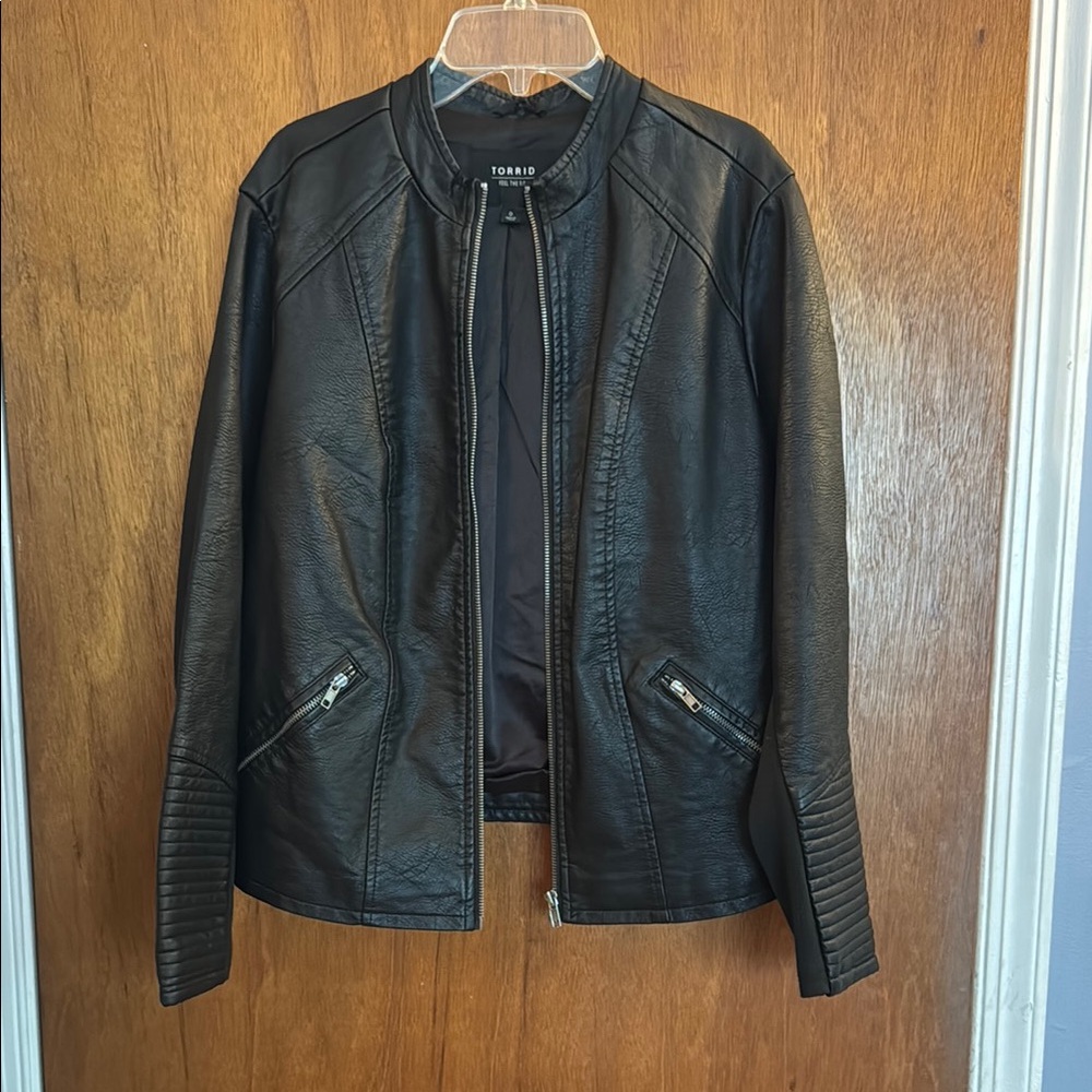 torrid Black Faux Leather Quilted-Sleeve Jacket